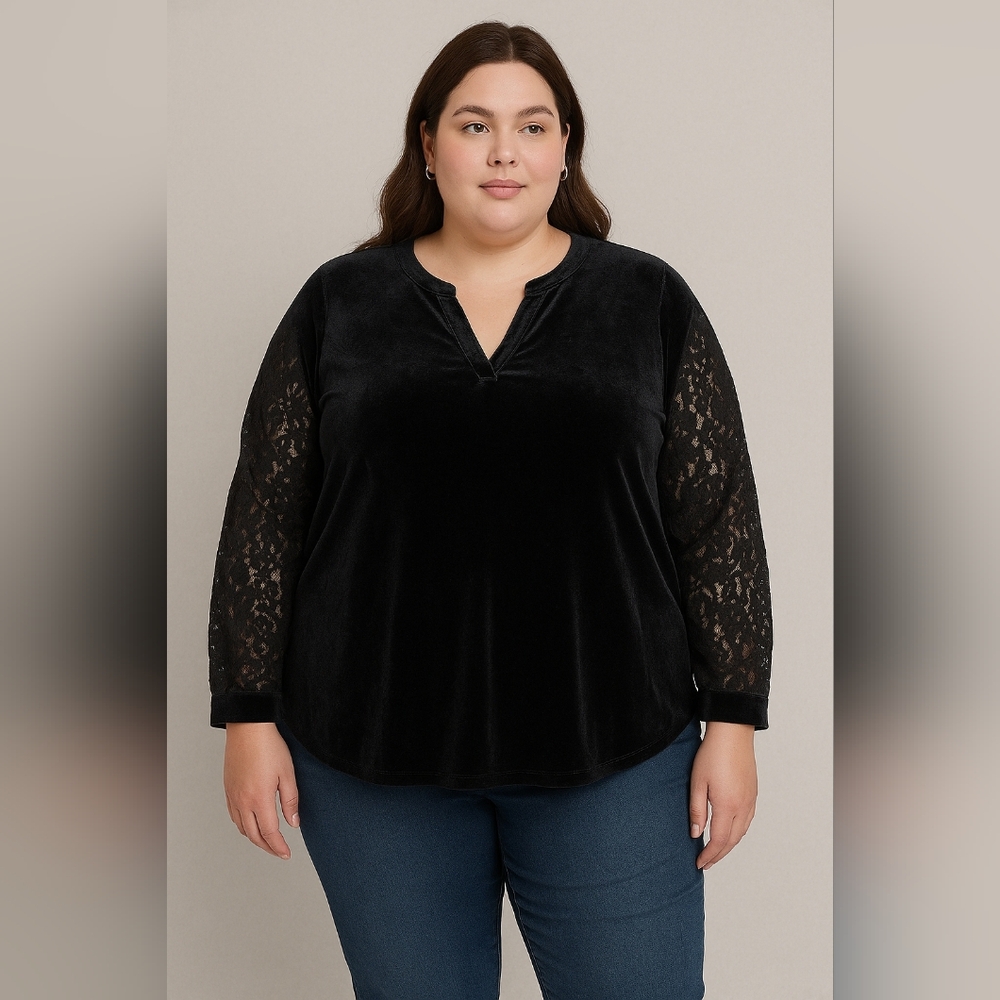 Kasper Women’s Plus 3X Black Velvet Lace Sleeve Top Elegant Blouse Holiday Party